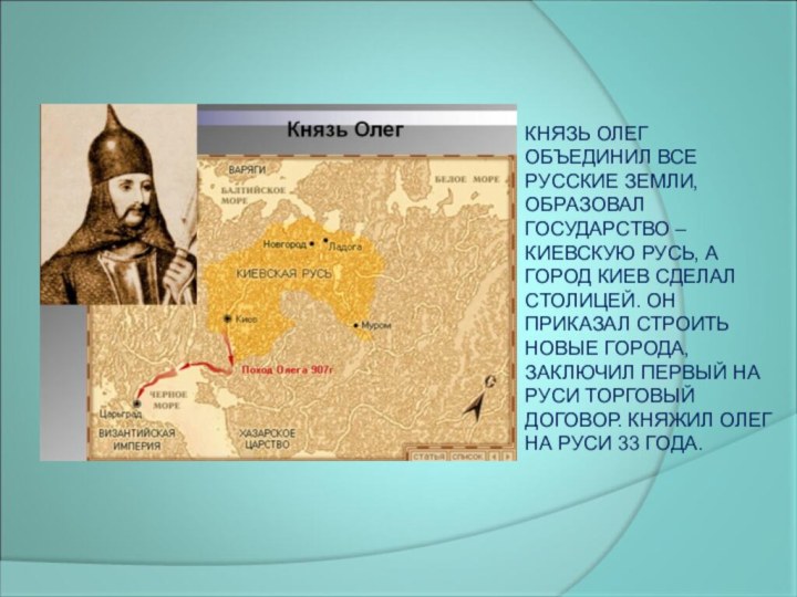 КНЯЗЬ ОЛЕГ ОБЪЕДИНИЛ ВСЕ РУССКИЕ ЗЕМЛИ,ОБРАЗОВАЛ ГОСУДАРСТВО – КИЕВСКУЮ РУСЬ, А ГОРОД