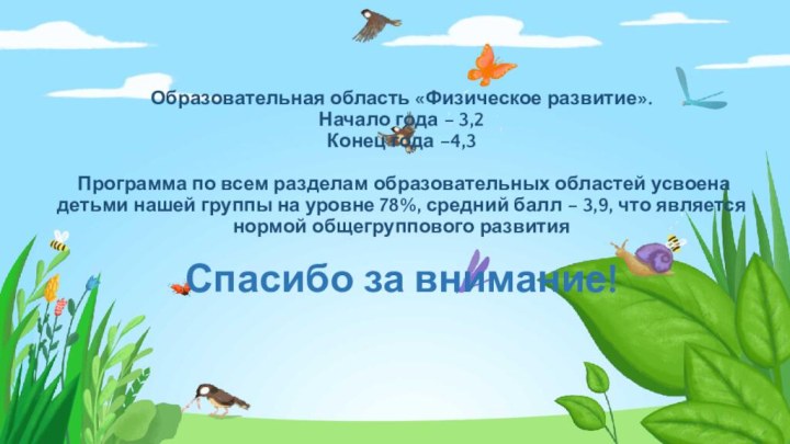 Образовательная область «Физическое развитие». Начало года – 3,2 Конец года –4,3