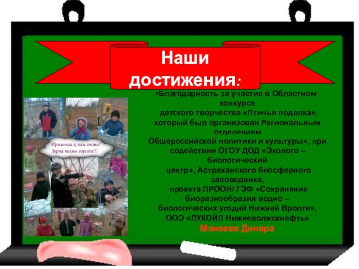 Наши достижения:Благодарность за участие в Областном конкурсе детского творчества «Птичья поделка», который