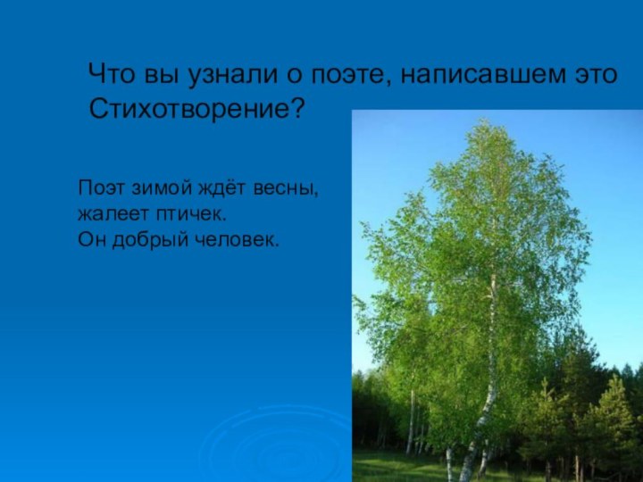 Что вы узнали о поэте, написавшем это Стихотворение?Поэт зимой ждёт весны, жалеет птичек.Он добрый человек.