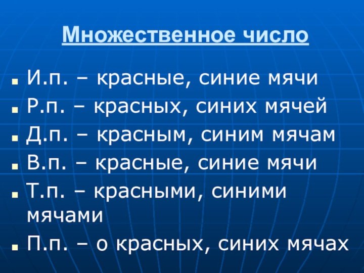 Множественное числоИ.п. – красные, синие мячиР.п. – красных, синих мячейД.п. – красным,