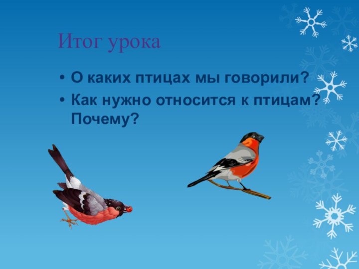 Итог урокаО каких птицах мы говорили?Как нужно относится к птицам? Почему?