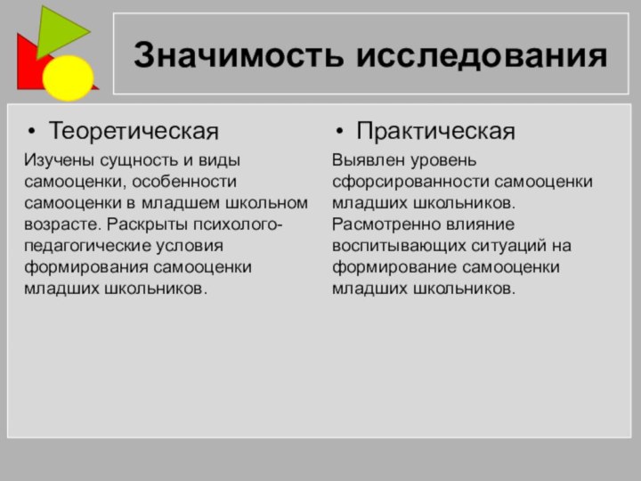 Значимость исследованияТеоретическая Изучены сущность и виды самооценки, особенности самооценки в младшем школьном