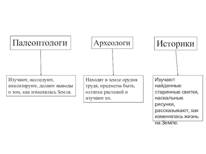 ПалеонтологиАрхеологиИсторикиИзучают, исследуют, анализируют, делают выводы о том, как изменялась Земля.Находят в земле