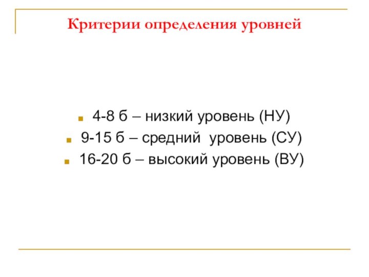 Критерии определения уровней4-8 б – низкий уровень (НУ)9-15 б – средний уровень