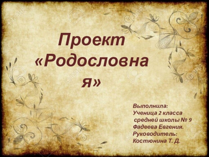 Проект «Родословная»Выполнила:Ученица 2 класса средней школы № 9 Фадеева Евгения.Руководитель:Костюнина Т. Д.