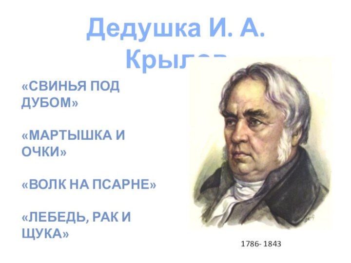 Дедушка И. А. Крылов1786- 1843«Свинья под дубом»«Мартышка и очки»«Волк на псарне»«Лебедь, рак и щука»