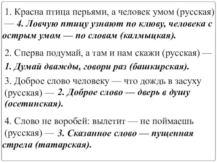 1. Красна птица перьями, а человек умом (русская) — 2. Сперва подумай,