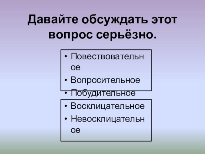 Давайте обсуждать этот вопрос серьёзно.ПовествовательноеВопросительноеПобудительноеВосклицательноеНевосклицательное