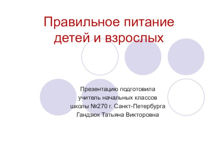 Правильное питание  детей и взрослыхПрезентацию подготовила учитель начальных классов школы №270 г. Санкт-ПетербургаГандзюк Татьяна Викторовна