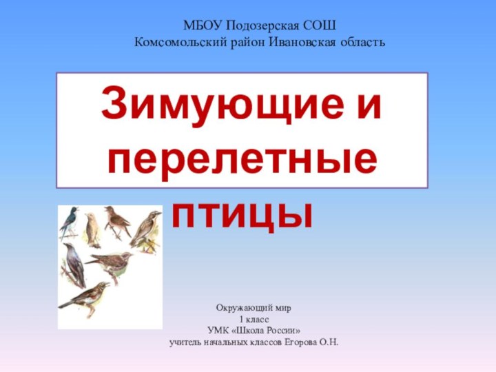 Зимующие и перелетные птицыМБОУ Подозерская СОШКомсомольский район Ивановская областьОкружающий мир1 классУМК «Школа