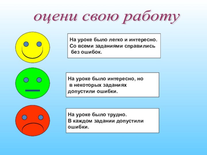 оцени свою работу На уроке было легко и интересно. Со всеми заданиями