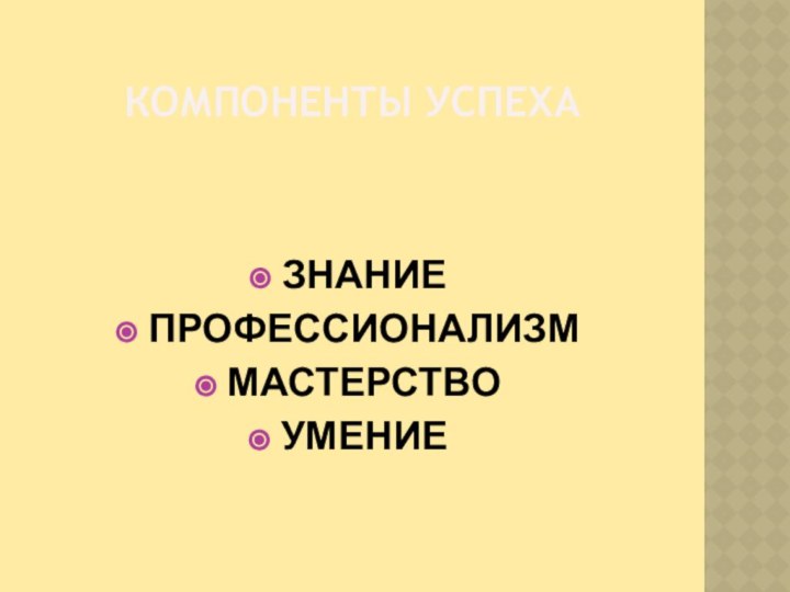 Компоненты успехаЗНАНИЕПРОФЕССИОНАЛИЗММАСТЕРСТВОУМЕНИЕ