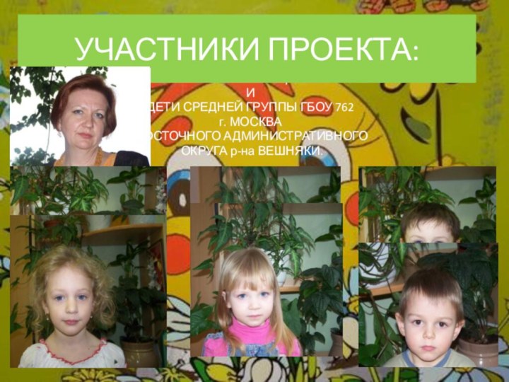 ВОСПИТАТЕЛЬ: ИВАЩЕНКО Л.П.И ДЕТИ СРЕДНЕЙ ГРУППЫ ГБОУ 762 г. МОСКВА ВОСТОЧНОГО АДМИНИСТРАТИВНОГО ОКРУГА р-на ВЕШНЯКИ.УЧАСТНИКИ ПРОЕКТА: