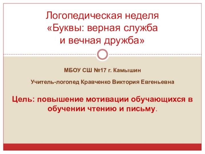 МБОУ СШ №17 г. КамышинУчитель-логопед Кравченко Виктория ЕвгеньевнаЦель: повышение мотивации обучающихся в