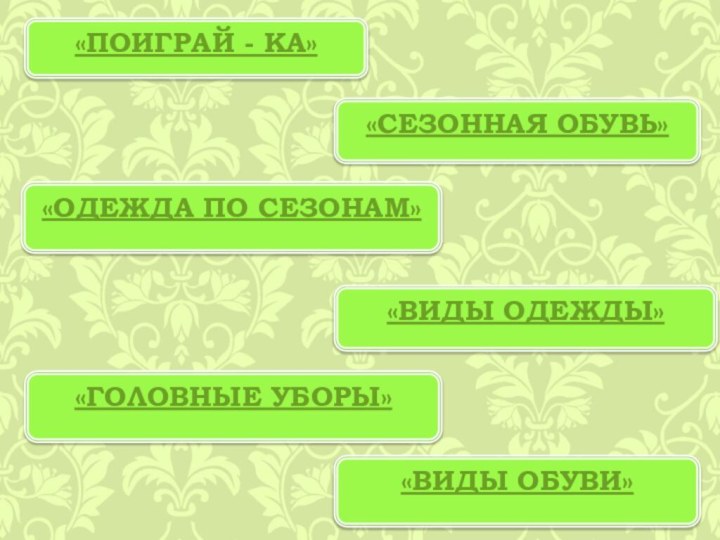 «Поиграй - ка»«одежда по сезонам»«Сезонная обувь»«виды одежды»«Виды обуви»«головные уборы»