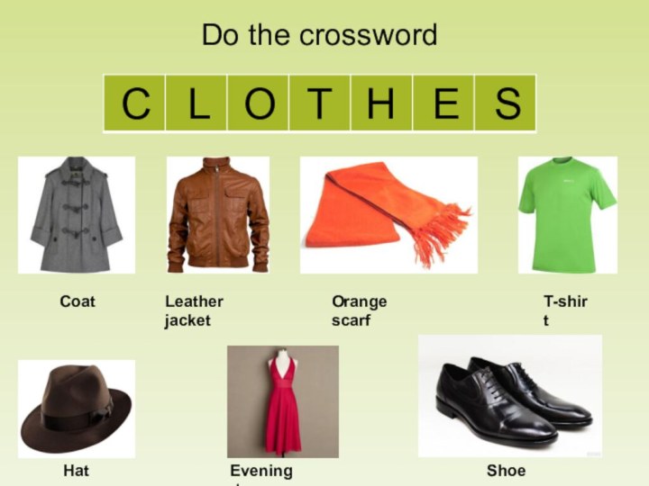 Do the crosswordCLTHESOCoatLeather jacketOrange scarfT-shirtEvening dressHatShoes