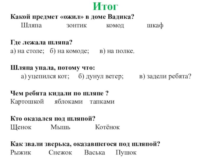 ИтогКакой предмет «ожил» в доме Вадика?Шляпа