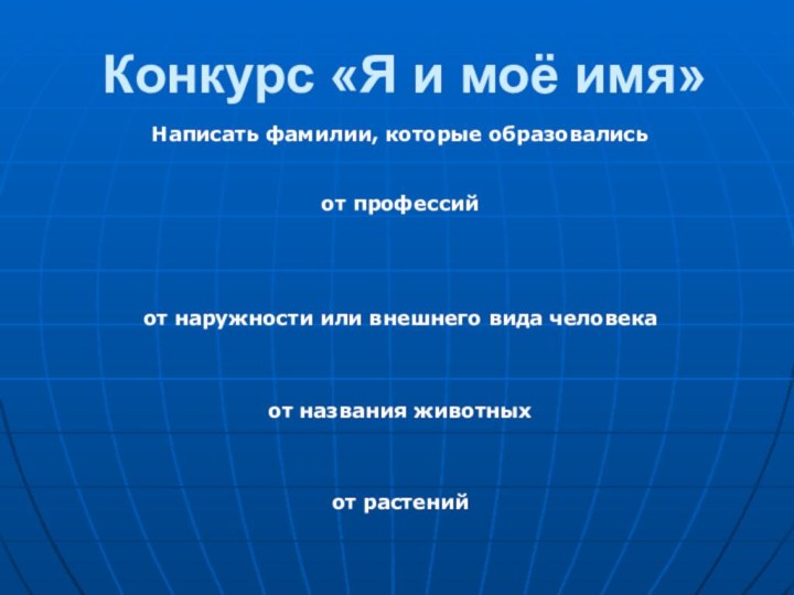 Конкурс «Я и моё имя» Написать фамилии, которые образовалисьот профессийот наружности или