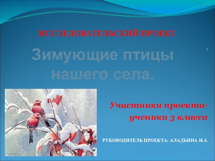    ИССЛЕДОВАТЕЛЬСКИЙ ПРОЕКТ л     Участники проекта-ученики 3 класса  РУКОВОДИТЕЛЬ ПРОЕКТА: АЛАДЬИНА И.А.Зимующие птицы нашего села.