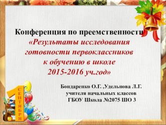 Конференция по преемственности Результаты исследования готовности первоклассников к обучению в школе. презентация урока для интерактивной доски (1 класс)