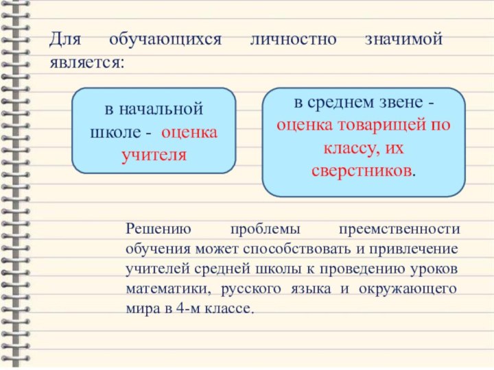 Для обучающихся личностно значимой является:Решению проблемы преемственности обучения может способствовать и привлечение