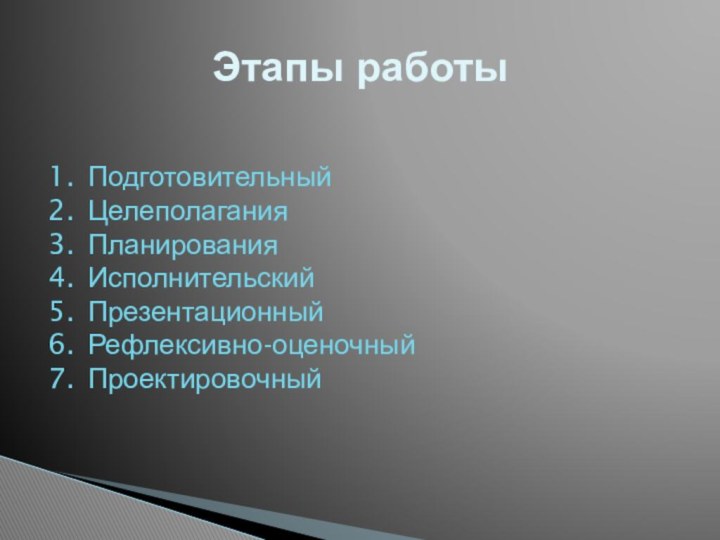 Этапы работыПодготовительныйЦелеполаганияПланированияИсполнительскийПрезентационныйРефлексивно-оценочныйПроектировочный