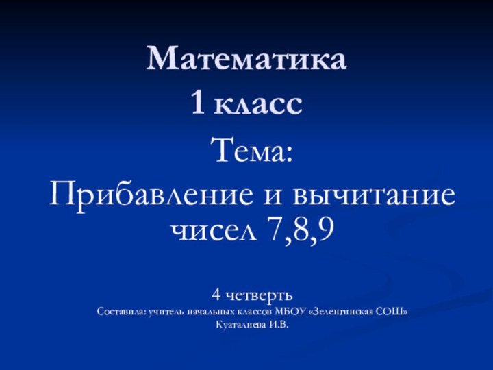 Математика 1 классТема:Прибавление и вычитание чисел 7,8,9 4 четверть Составила: учитель начальных