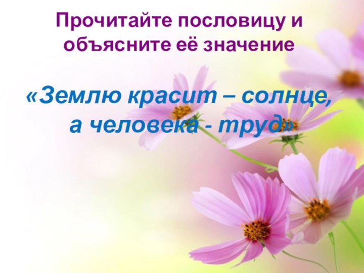 Прочитайте пословицу и объясните её значение«Землю красит – солнце, а человека - труд»