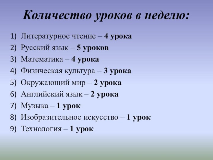 Количество уроков в неделю:Литературное чтение – 4 урока