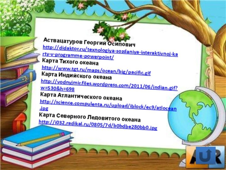 Аствацатуров Георгий Осипович http://didaktor.ru/texnologiya-sozdaniya-interaktivnoj-karty-v-programme-powerpoint/Карта Тихого океана http://www.tgt.ru/maps/ocean/big/pacific.gifКарта Индийского океана http://vodnyjmir.files.wordpress.com/2011/06/indian.gif?w=530&h=698Карта Атлантического океана