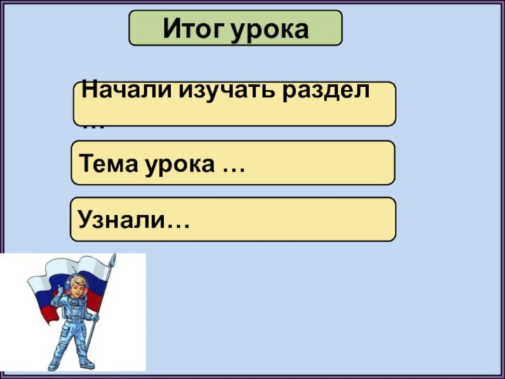 Итог урокаНачали изучать раздел …Тема урока …Узнали…