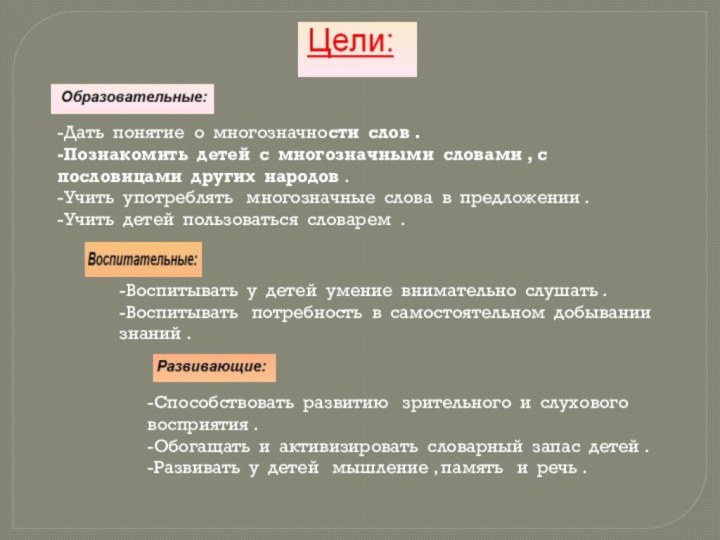 -Дать понятие о многозначности слов .-Познакомить детей с многозначными словами , с