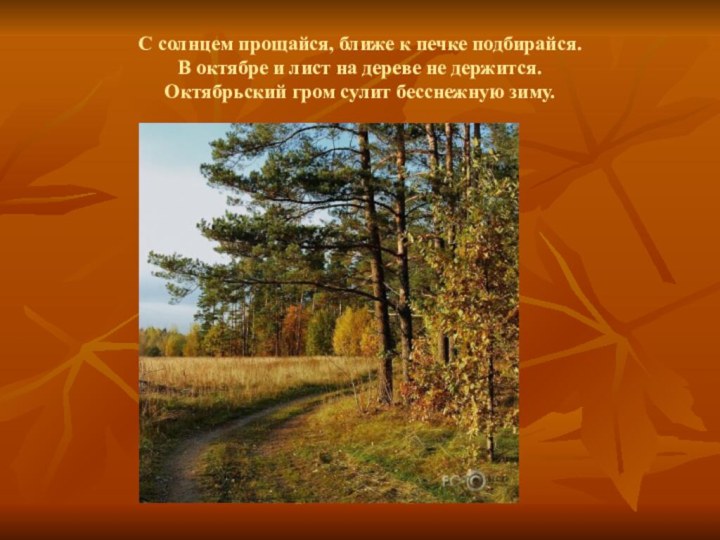 С солнцем прощайся, ближе к печке подбирайся. В октябре и лист на