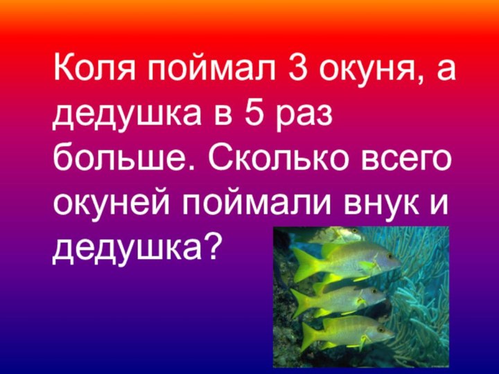 Коля поймал 3 окуня, а дедушка в 5 раз больше.