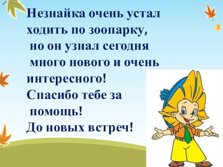 Незнайка очень устал ходить по зоопарку, но он узнал сегодня много нового