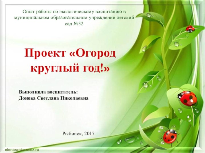 Проект «Огород круглый год!»Выполнила воспитатель: Донова Светлана НиколаевнаОпыт работы по экологическому воспитанию