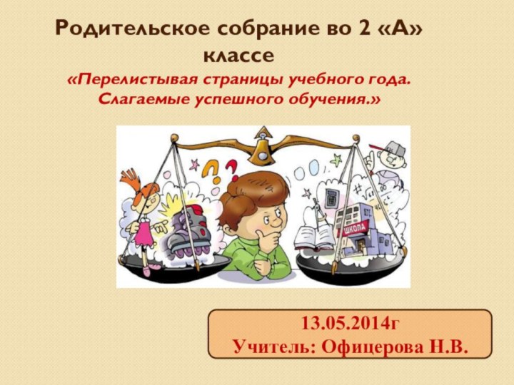 Родительское собрание во 2 «А» классе«Перелистывая страницы учебного года.Слагаемые успешного обучения.»13.05.2014гУчитель: Офицерова Н.В.