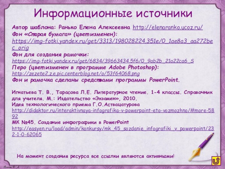 На момент создания ресурса все ссылки являются активными! Информационные источникиАвтор шаблона: Ранько