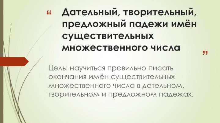 Дательный, творительный, предложный падежи имён существительных множественного числа Цель: научиться правильно писать