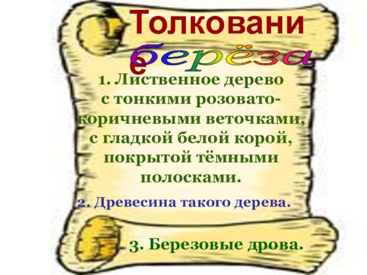 Толкованиеберёза 1. Лиственное деревос тонкими розовато-коричневыми веточками, с гладкой белой корой, покрытой