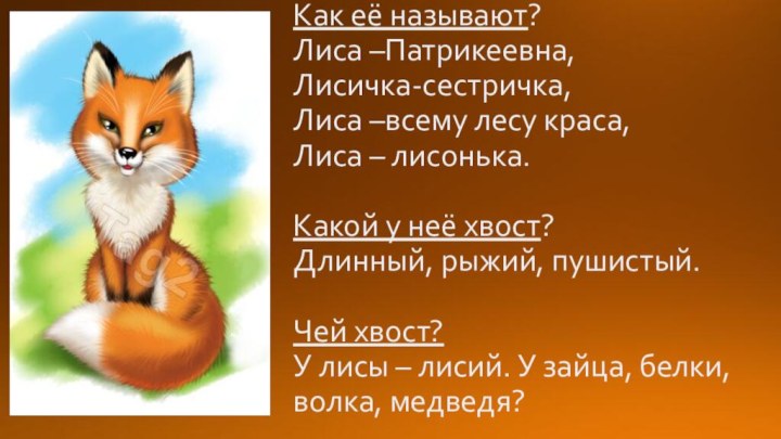 Как её называют? Лиса –Патрикеевна, Лисичка-сестричка, Лиса –всему лесу краса, Лиса –