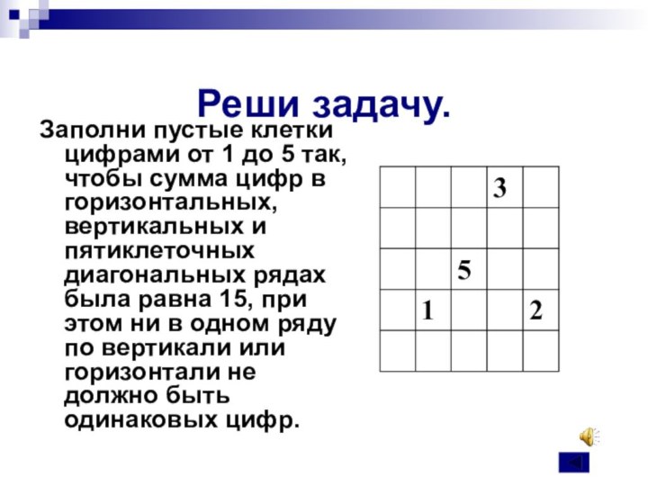 Реши задачу.Заполни пустые клетки цифрами от 1 до 5 так, чтобы сумма