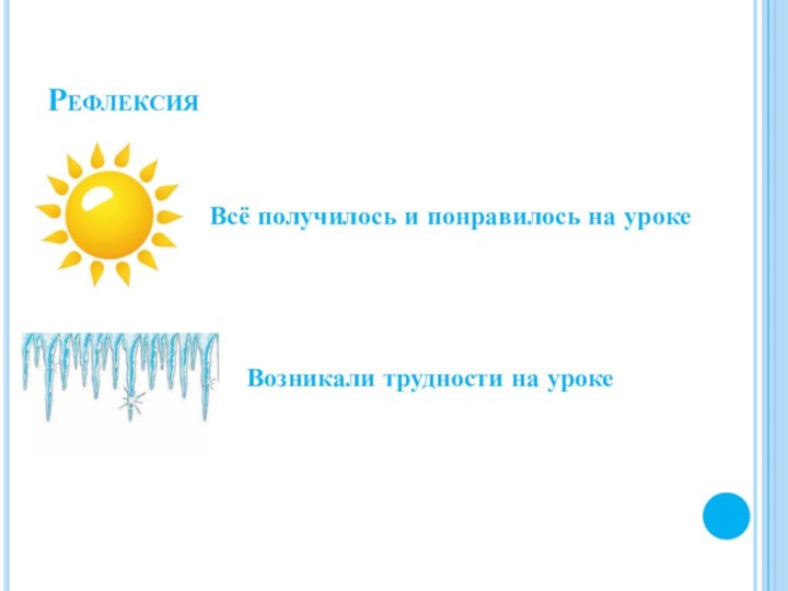 Рефлексия Всё получилось и понравилось на урокеВозникали трудности на уроке