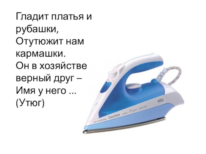 Гладит платья и рубашки, Отутюжит нам кармашки. Он в хозяйстве верный друг