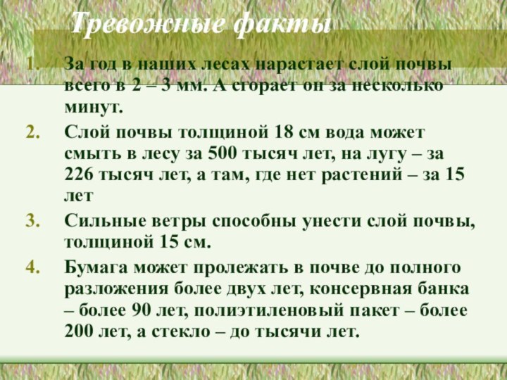 Тревожные фактыЗа год в наших лесах нарастает слой почвы всего в 2