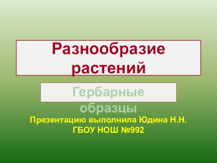 Разнообразие растенийГербарные образцыПрезентацию выполнила Юдина Н.Н.ГБОУ НОШ №992