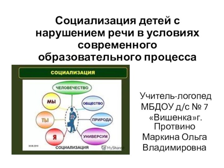 Учитель-логопедМБДОУ д/с № 7 «Вишенка»г. ПротвиноМаркина ОльгаВладимировнаСоциализация детей с нарушением