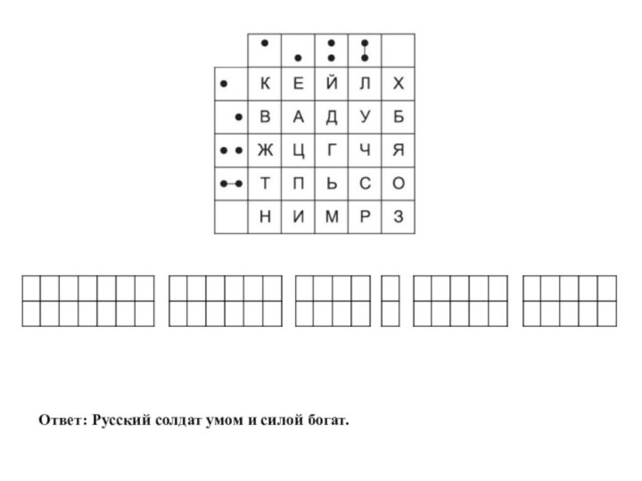 Ответ: Русский солдат умом и силой богат.