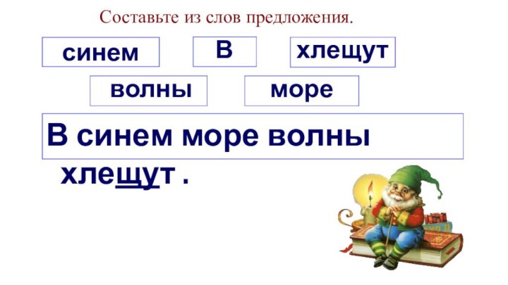 Составьте из слов предложения.синемВ хлещутВ синем море волны хлещут .море волны